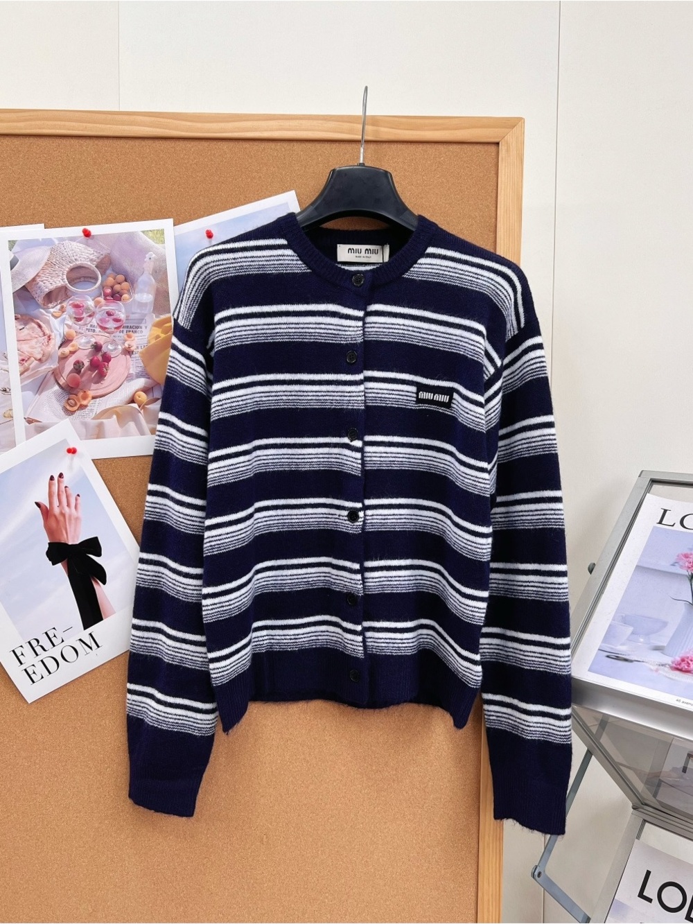 Miu Miu Navy and White Striped Knit Cardigan